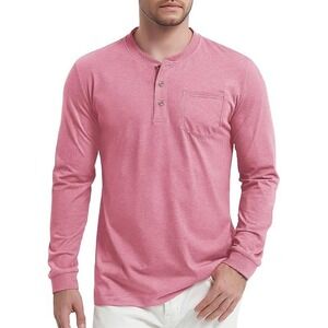 TacVAsen Mens Pink Long Sleeve Henley Pocket Crew Neck Shirt 2XL